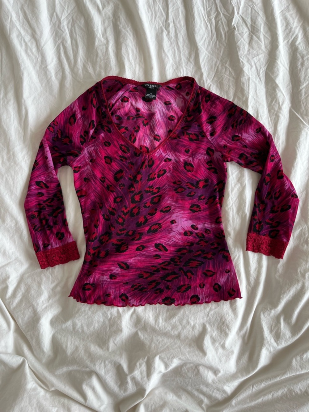 Vintage 1990s Guess Jeans Hot Pink Leopard Print Mesh Longsleeve